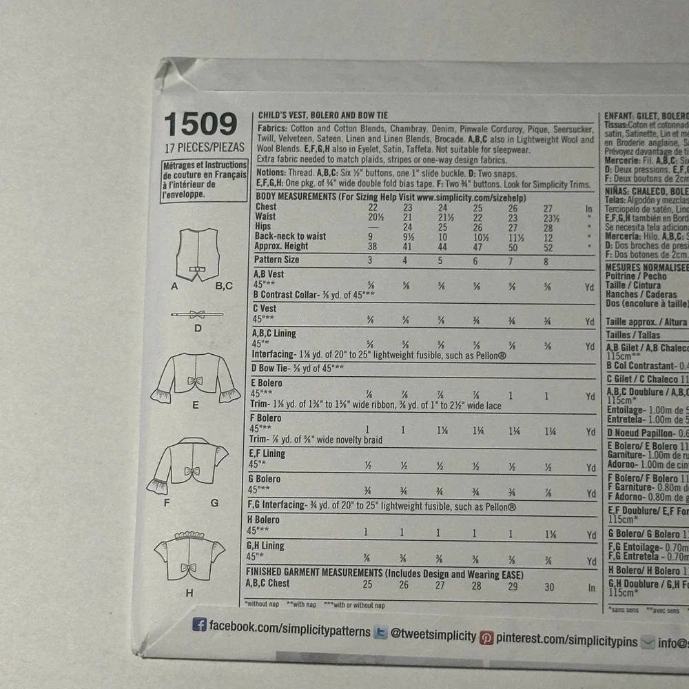 Simplicity 1509 Sewing Pattern Child Unisex Uncut Vest Bolero Bow Tie